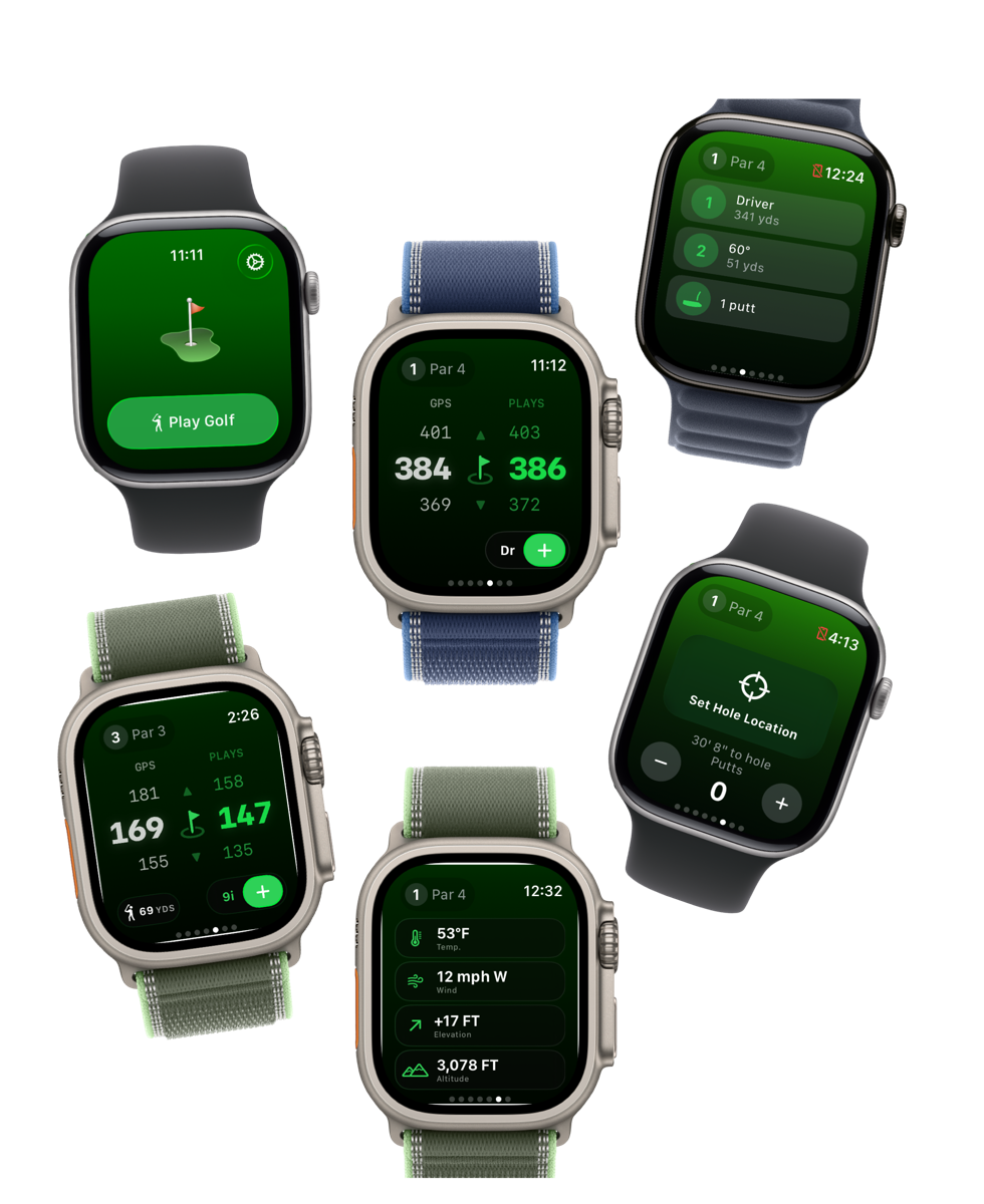Next Shot Apple Watch screens for golf GPS, shot tracking, pin locations, and course conditions