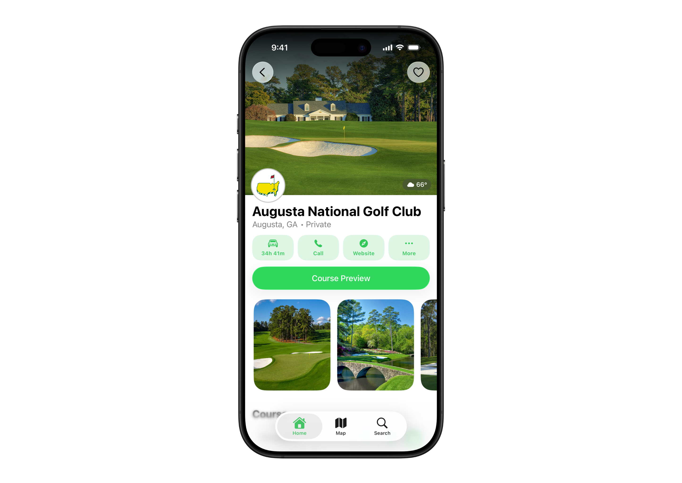 Next Shot course detail view with course photography and club profile information